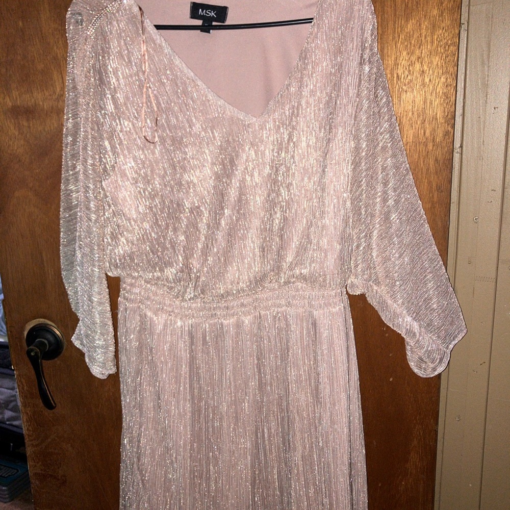 MSK Pink and Gold Pleated Gown with Bishop Sleeves